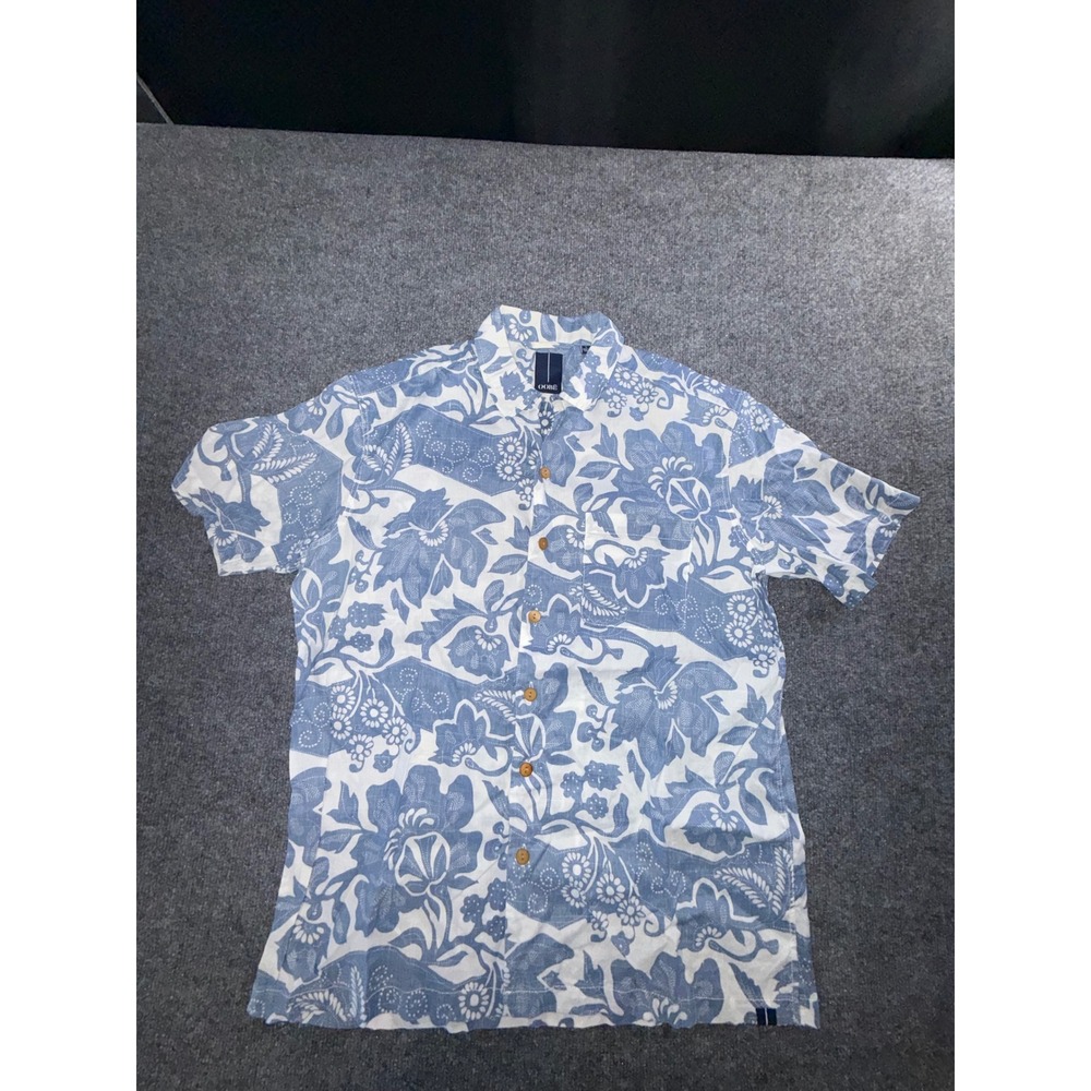 OOBE Mens Large Blue White Floral Short Sleeve Button Down Linen Blend Shirt